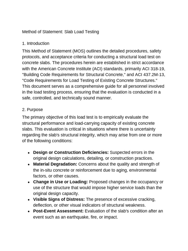Slab Load Testing Method Statement | PDF | Concrete | Evaluation
