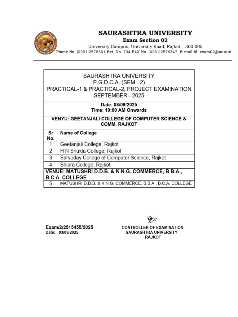 Pgdca Sem2 Practical Exam Timetable Sep2025 20250904175943 888 | PDF