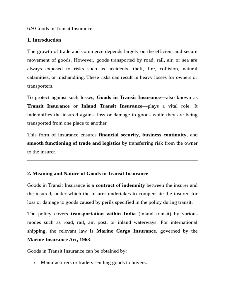 Goods in Transit Insurance Overview | PDF | Insurance | Indemnity