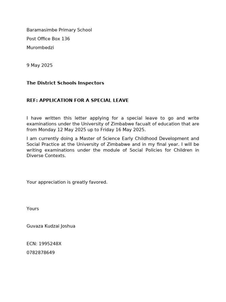 Special Leave Application for Exams | PDF