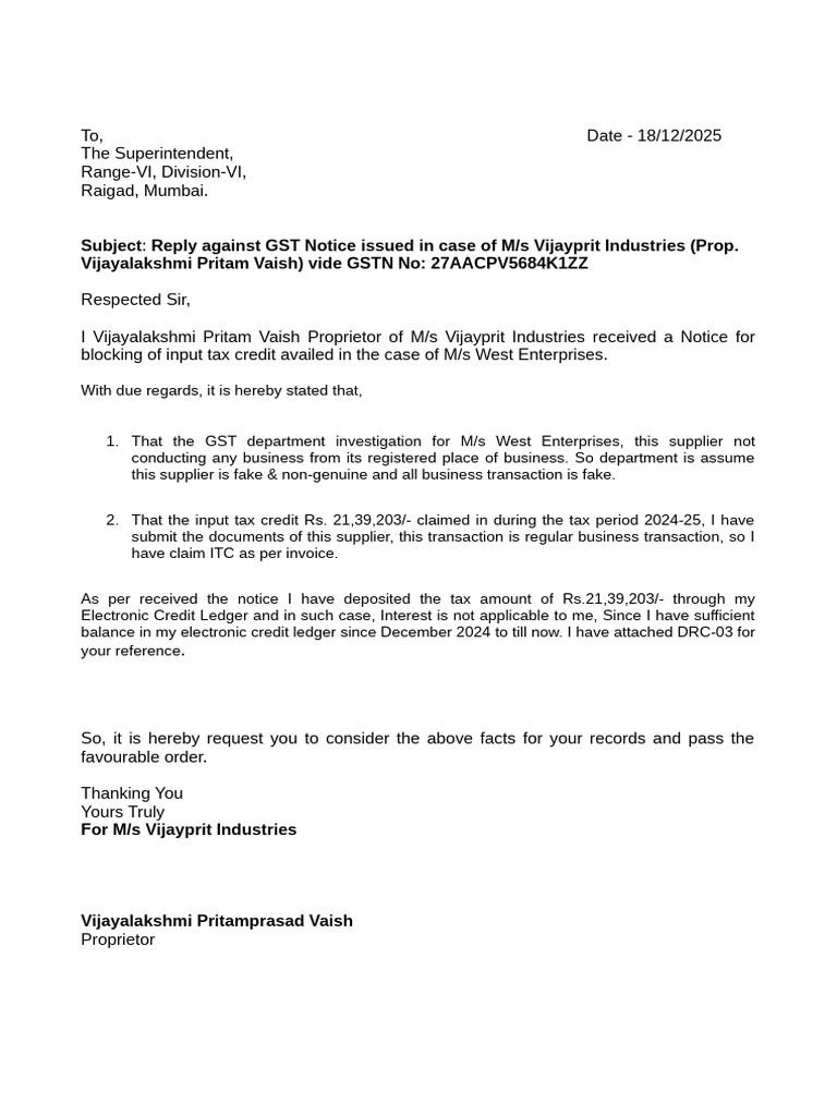 Response to GST Notice for Input Tax Credit | PDF