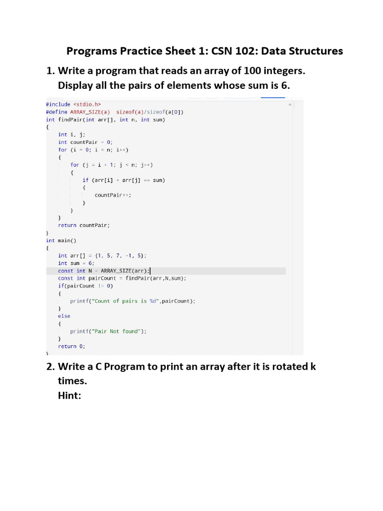Programs Practice Sheet 1(Array) | PDF | Computer Programming ...