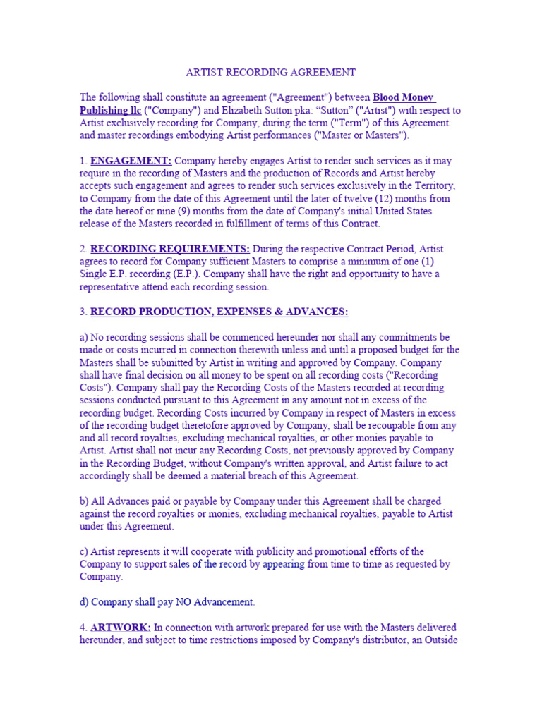 Artist Recording Agreement Overview | PDF | Royalty Payment | Breach Of ...