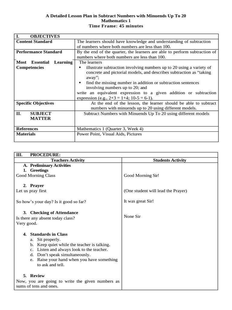 Subtracting Numbers Up to 20 Lesson Plan | PDF | Subtraction | Learning