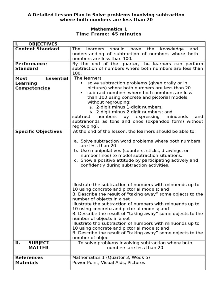 Subtraction Lesson Plan for Grades 1-2 | PDF | Subtraction | Cognition