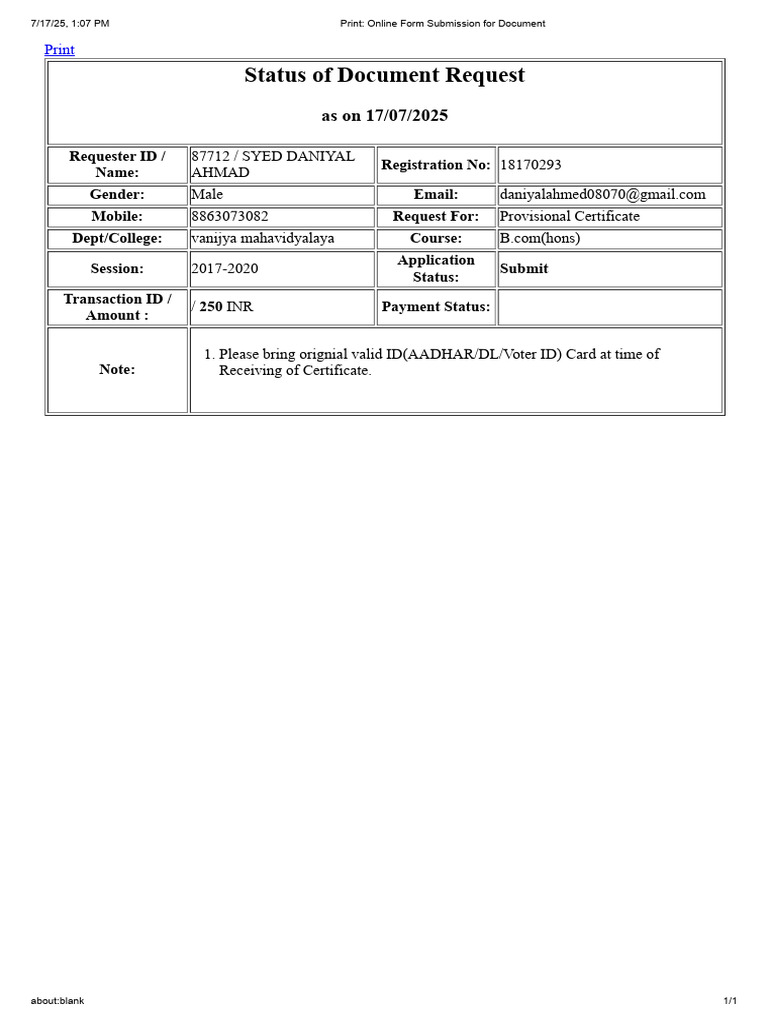 Print - Online Form Submission For Document | PDF