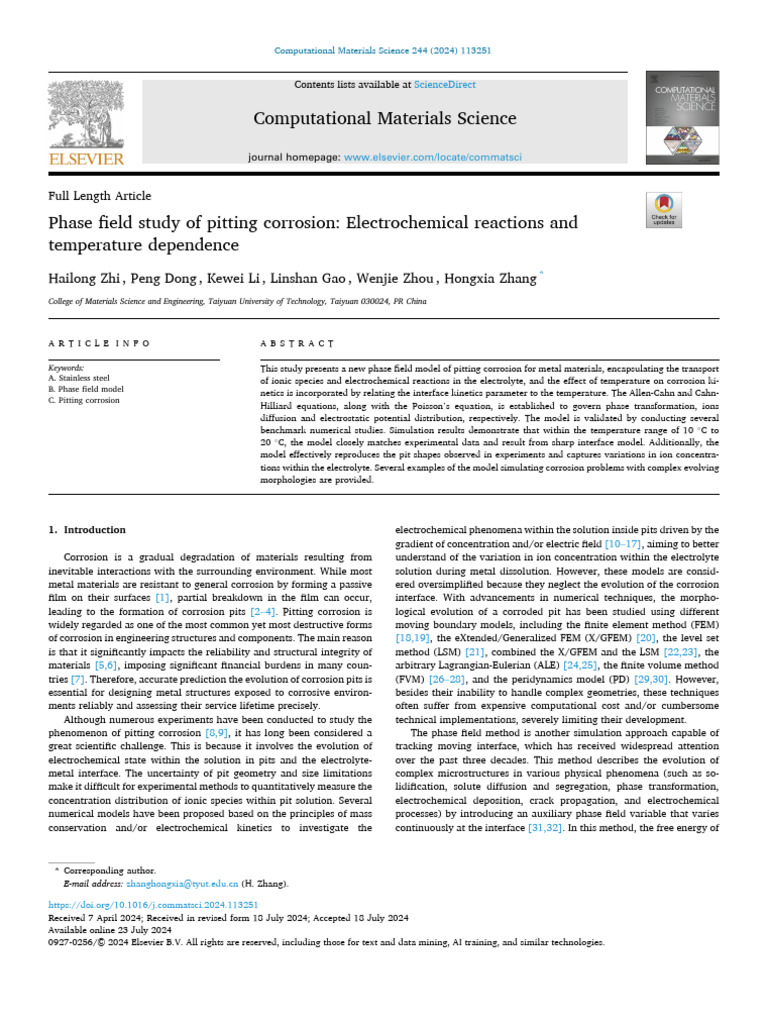 Phase Field Model of Pitting Corrosion | PDF | Corrosion | Electrochemistry
