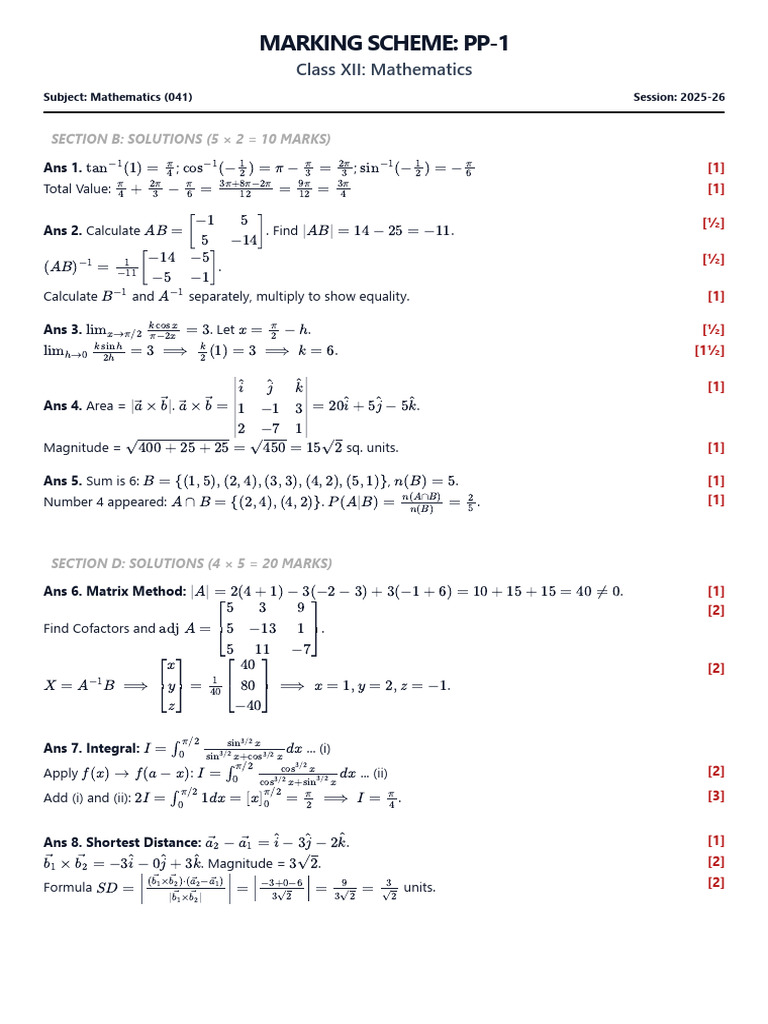 Class XII Mathematics Marking Scheme | PDF | Mathematical Objects ...