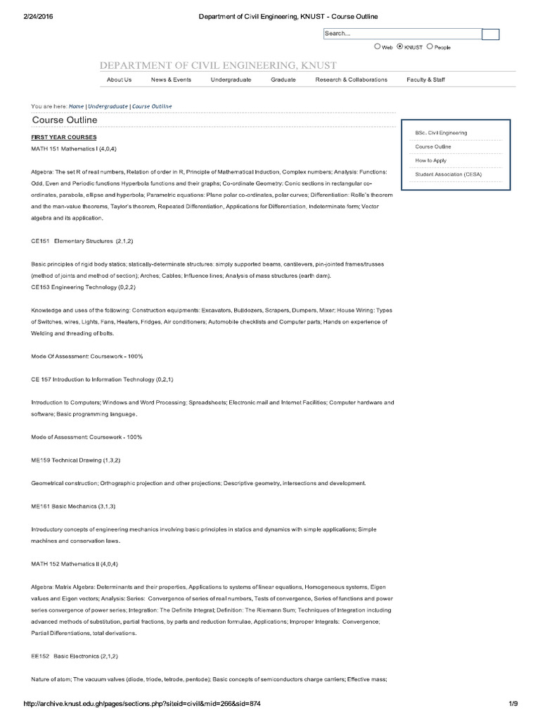 Department of Civil Engineering Knust Course Outline PDF Free | PDF