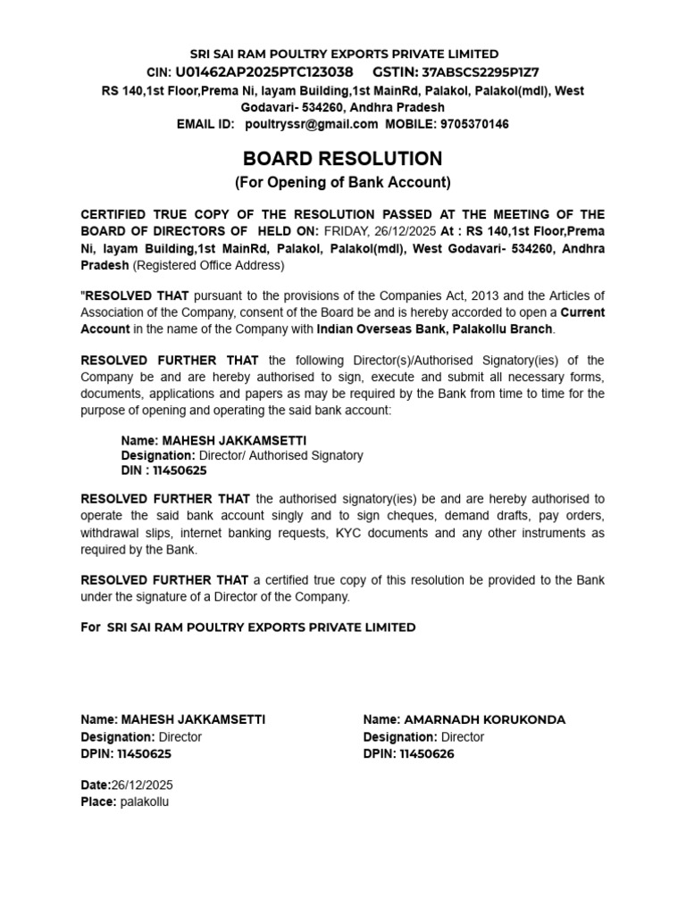 Bank Account Opening Resolution Document | PDF