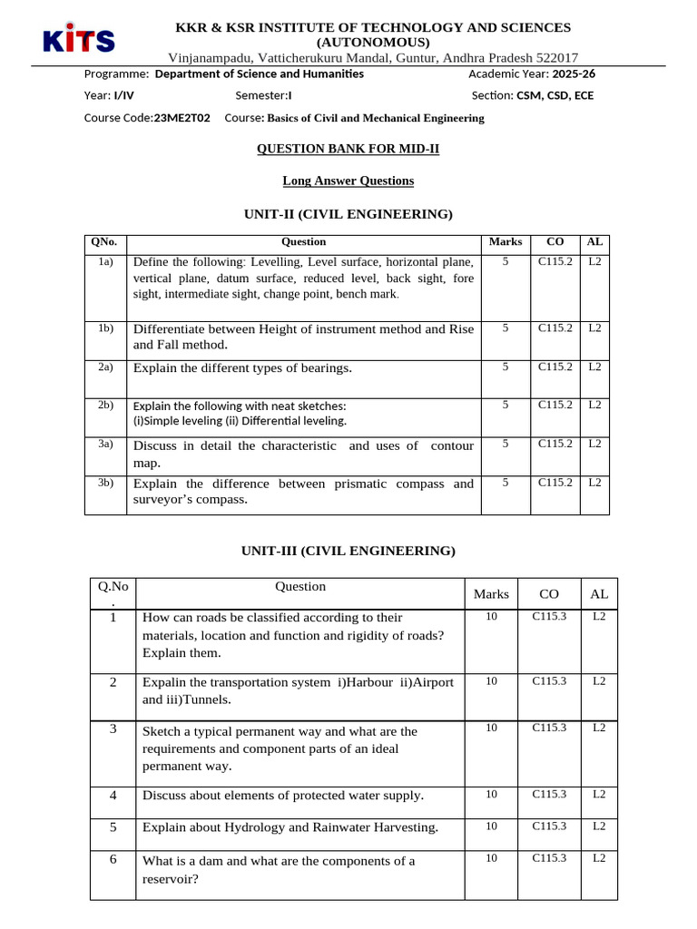 Civil and Mechanical Engineering Question Bank | PDF
