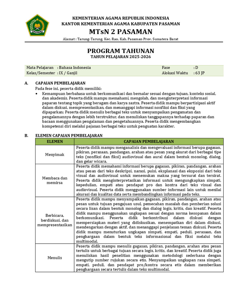 Program Bahasa Indonesia Kelas IX 2025-2026 | PDF