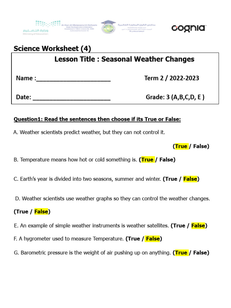 Answer Key Gr3 | PDF | Weather | Atmosphere