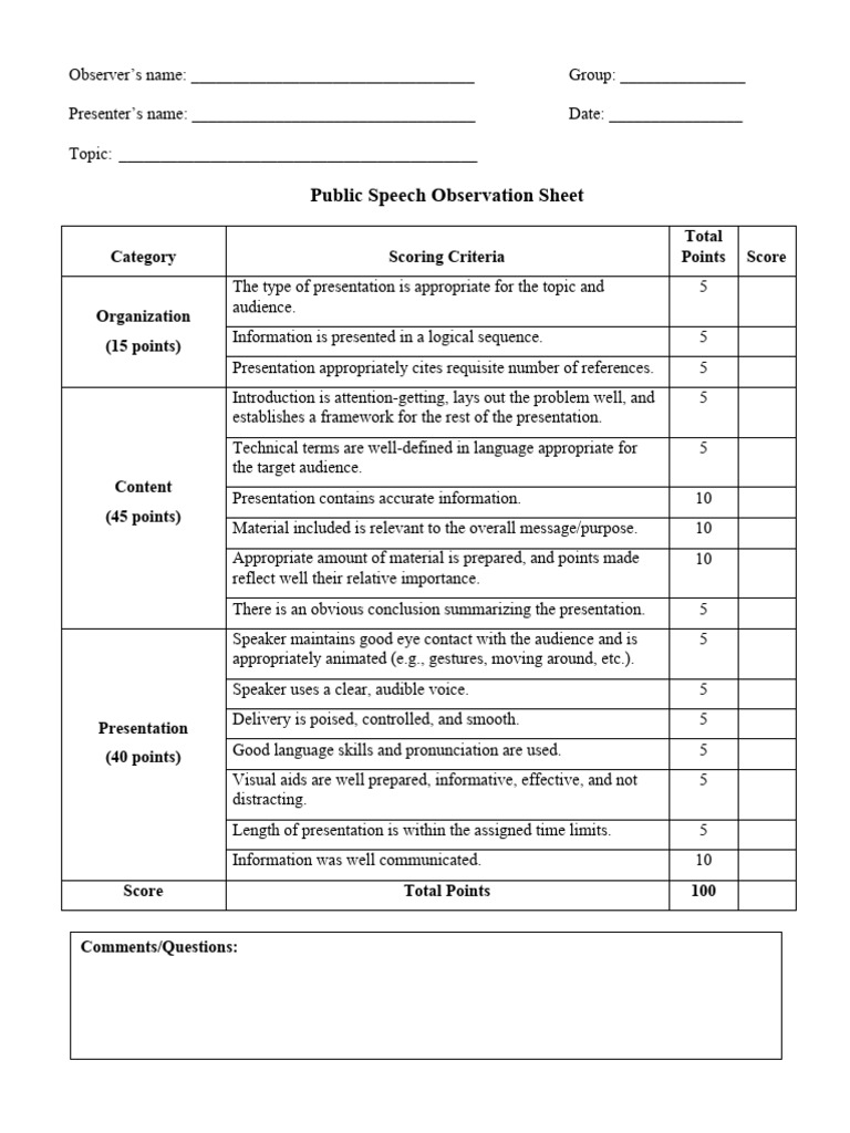 Public Speech Observation Criteria | PDF | Public Speaking | Information