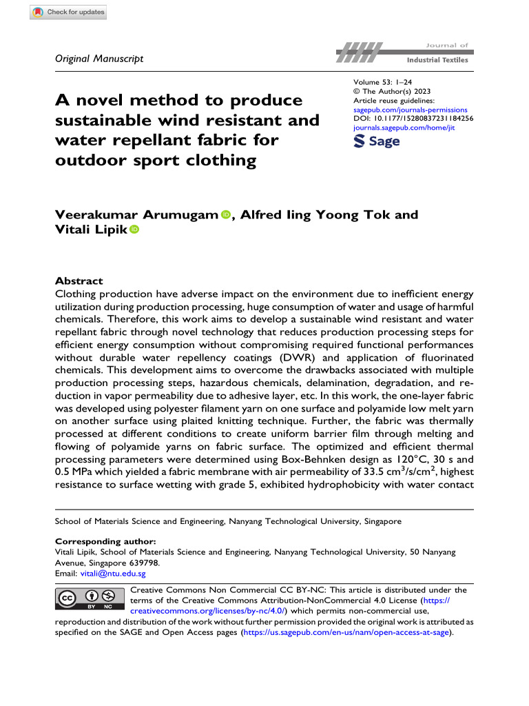 Sustainable Wind-Resistant Fabric Development | PDF | Textiles | Lamination