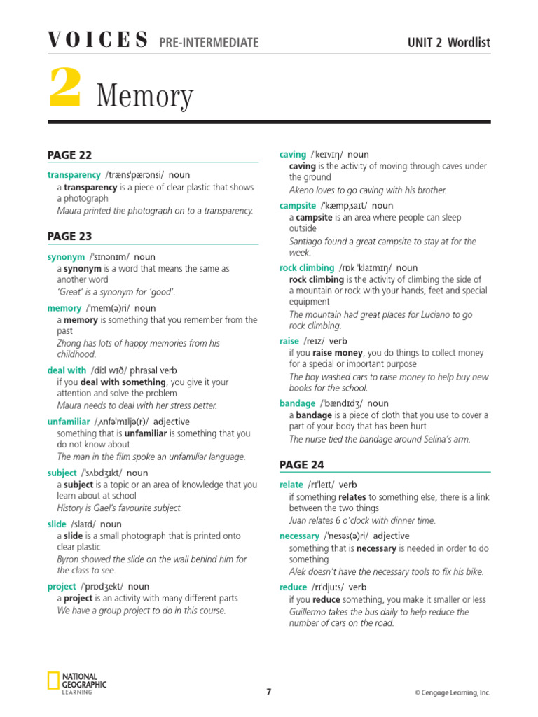 193810 Voices PreIntermediate Wordlist Unit 2 | PDF | Verb | Adjective