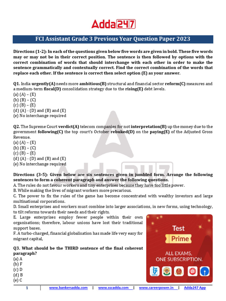 FCI Assistant Grade 3 Previous Year Question Paper 2023 | PDF | World ...