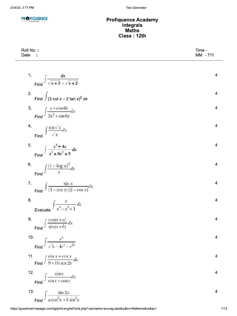 Integrals (4 Mark) | PDF