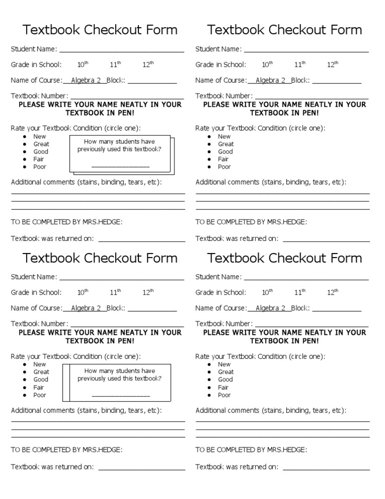 Textbook Checkout Form for Algebra 2 | PDF