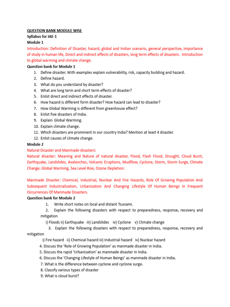 Disaster Management Question Bank Overview | PDF | Natural Disasters ...