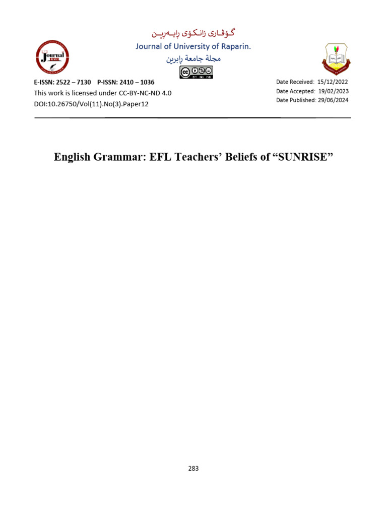 EFL Teachers' Beliefs on Grammar Teaching | PDF | English As A Second ...