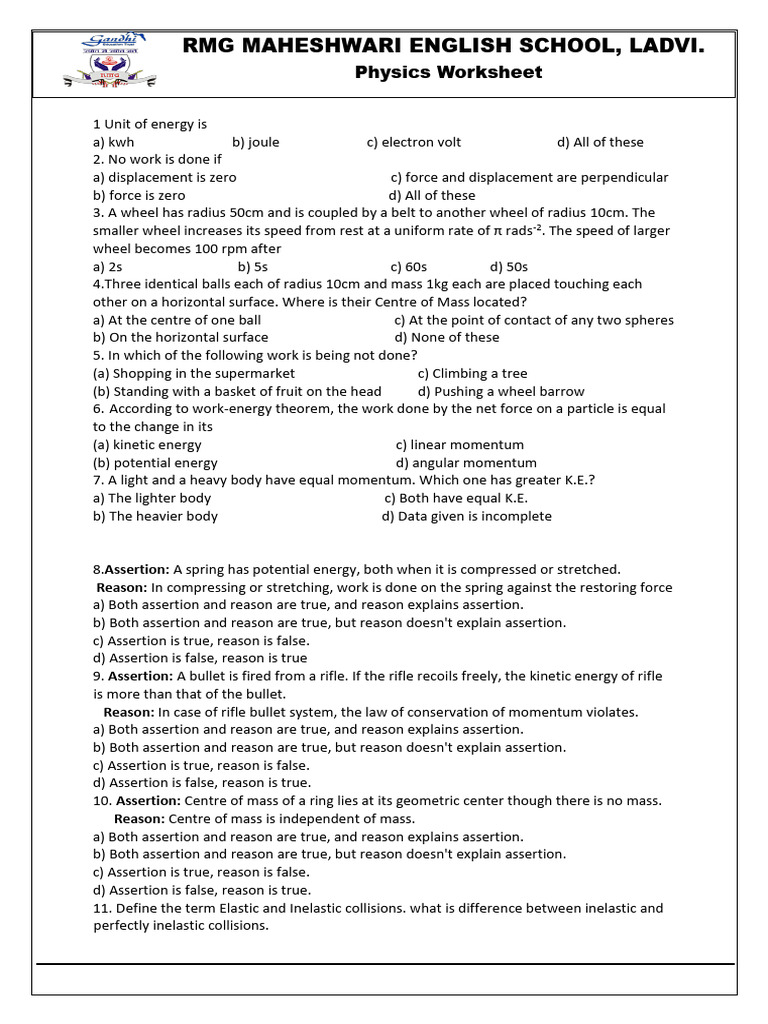 Physics Worksheet: Energy and Motion Concepts | PDF | Force | Potential ...