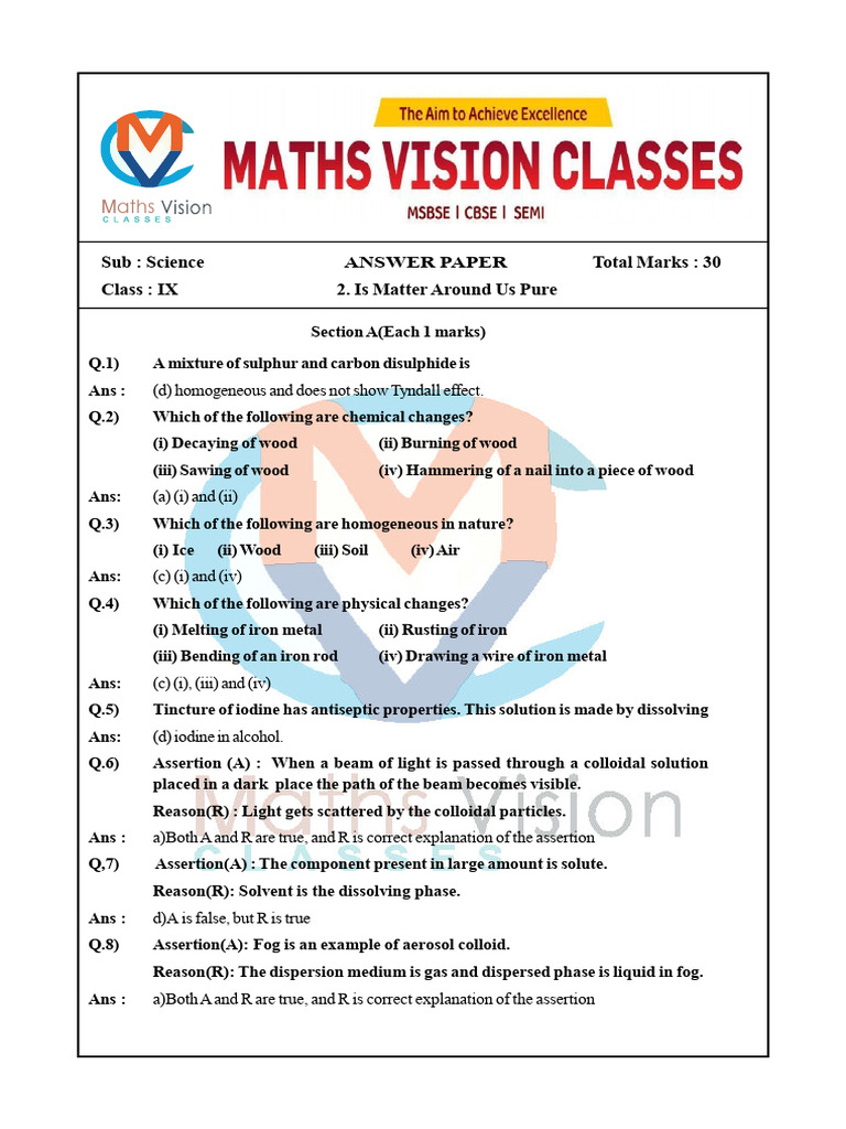 Class IX Science Answer Key: Matter & Tissues | PDF | Tissue (Biology ...