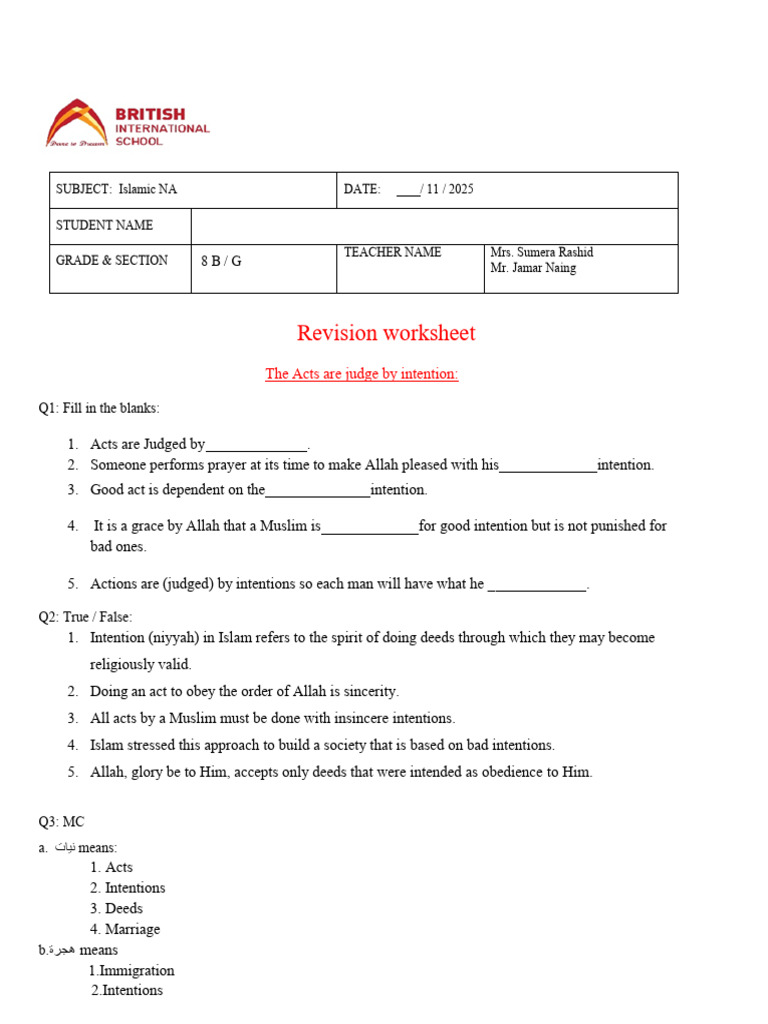 Islamic Intentions and Sincerity Worksheet | PDF | Prophets And ...