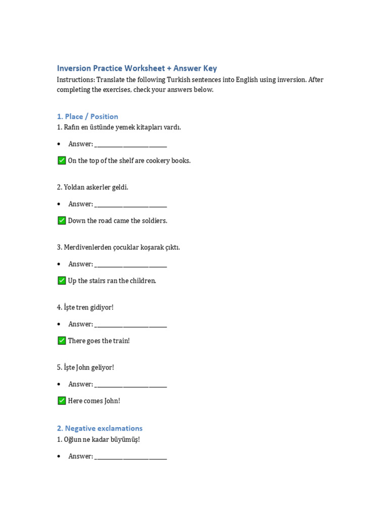 Inversion Worksheet With Answers | PDF