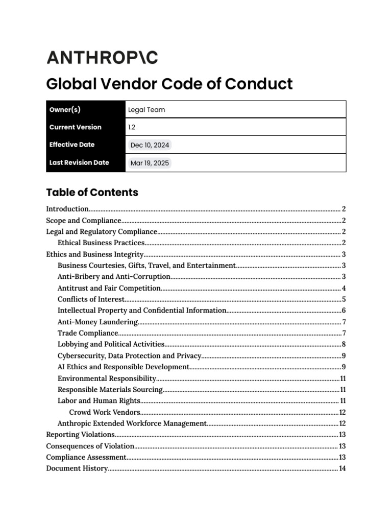 Global Vendor Code of Conduct Guide | PDF | Bribery | Regulatory Compliance
