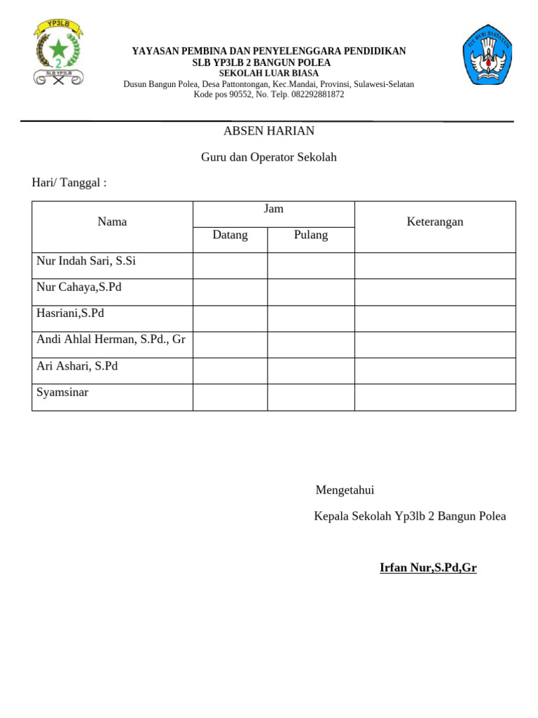 Absen Harian SLB YP3LB 2 Bangun Polea | PDF