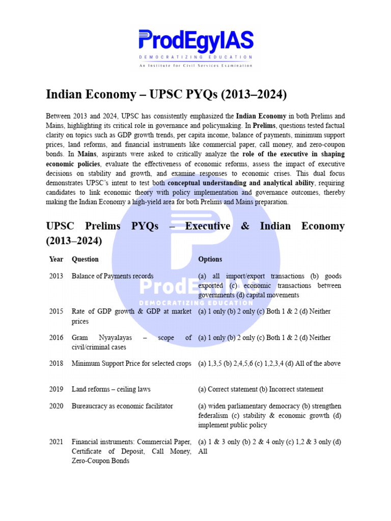 UPSC Indian Economy PYQs (2013-2024) | PDF | Economic Growth | Gross ...