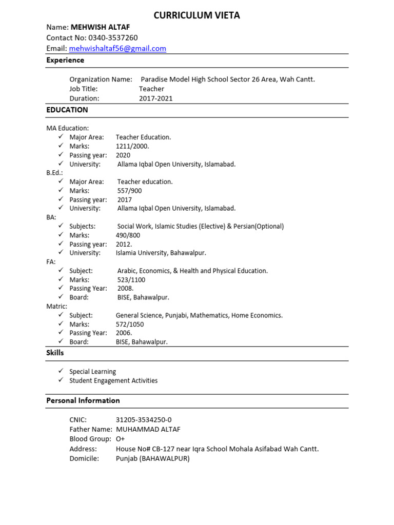 Mehwish Altaf - Teacher CV 2017-2021 | PDF