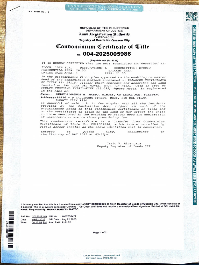 Condominium Certificate of Title CCT 2025005986 | PDF | Common Law ...