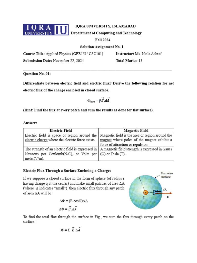 Solution Assignment 01 | PDF | Flux | Electric Field