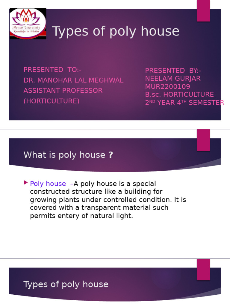 Types of Poly Houses Explained | PDF | Greenhouse | Agriculture