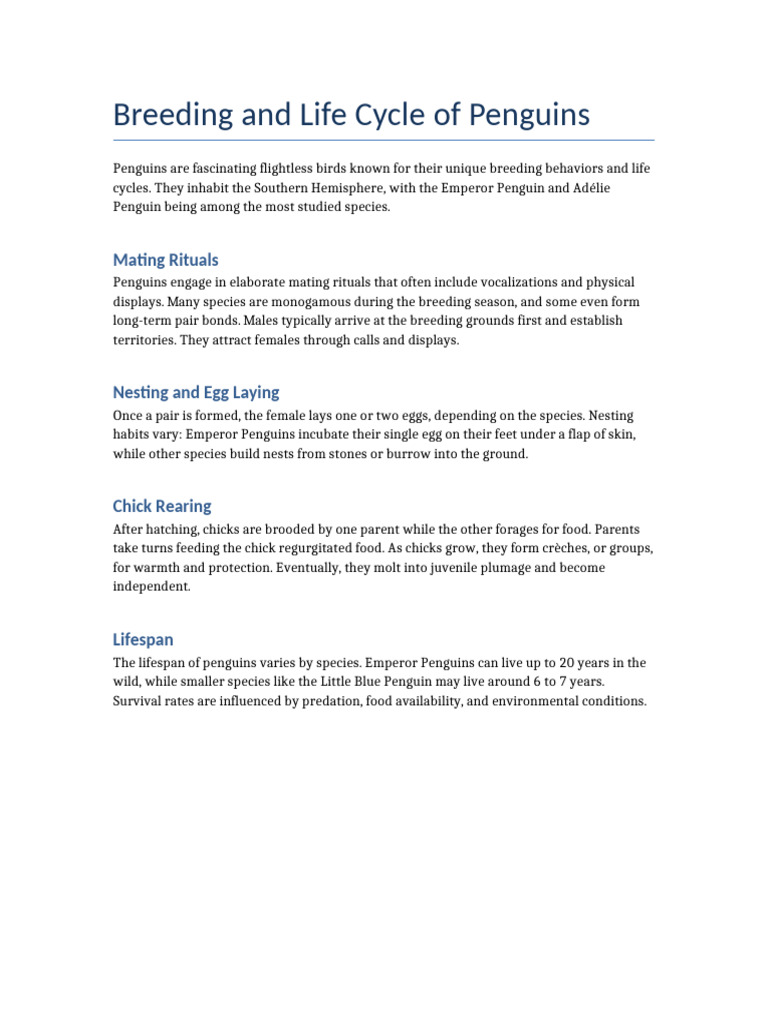 Breeding and Life Cycle of Penguins | PDF