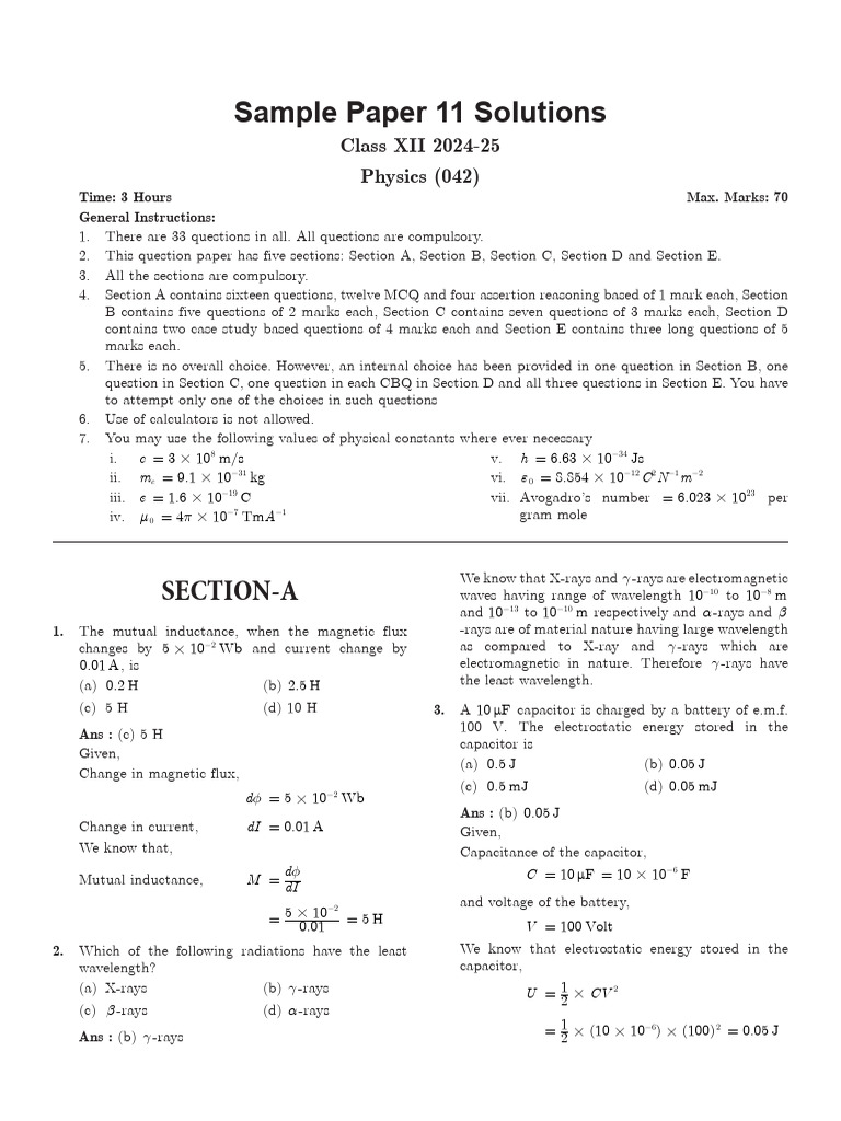 CBSE Class 12 Physics Sample Paper Solutions | PDF | Electron ...