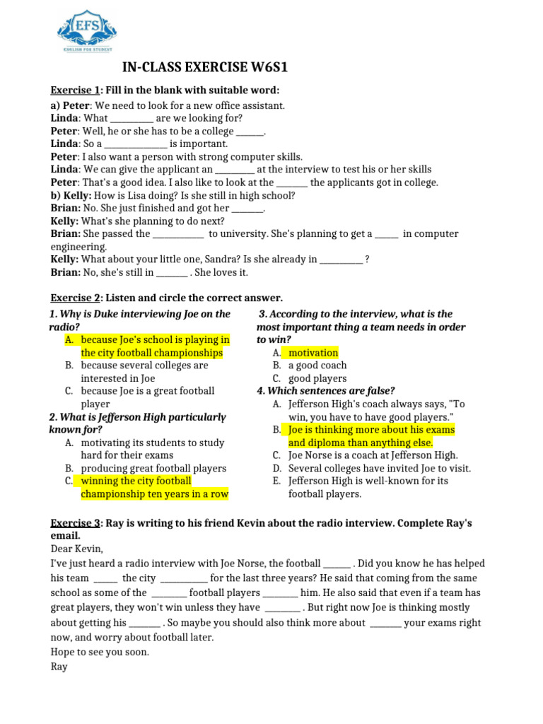 In-Class Exercises on Education Topics | PDF