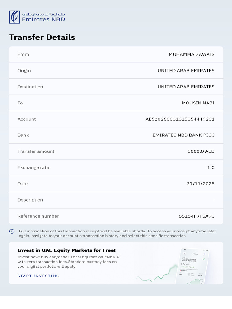 UAE Transfer Details: 1000 AED Transaction | PDF