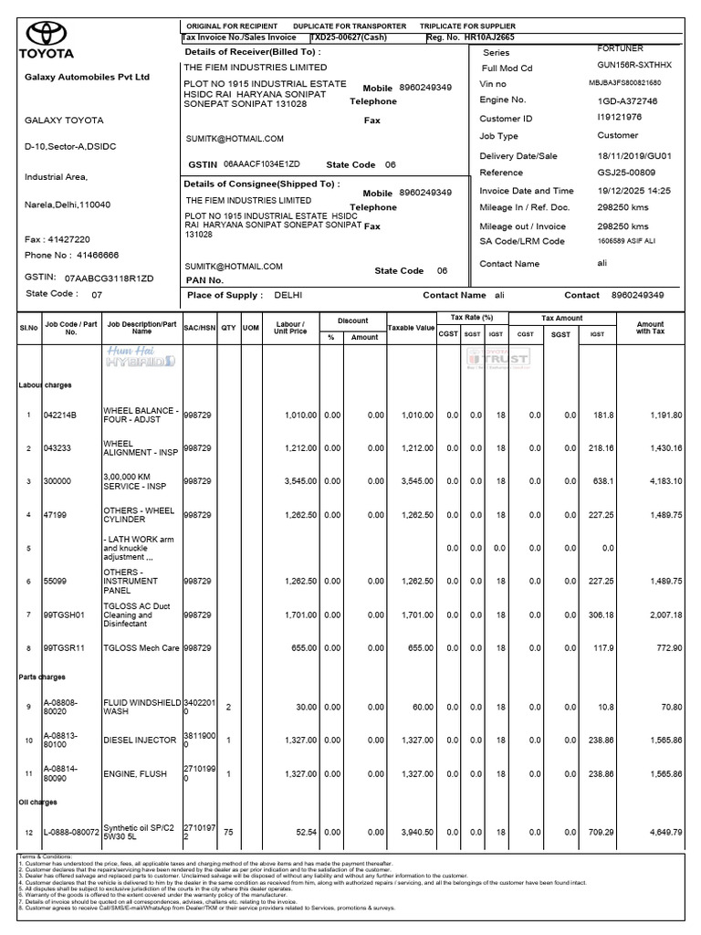 Galaxy Toyota Tax Invoice Details | PDF | Invoice | Taxes