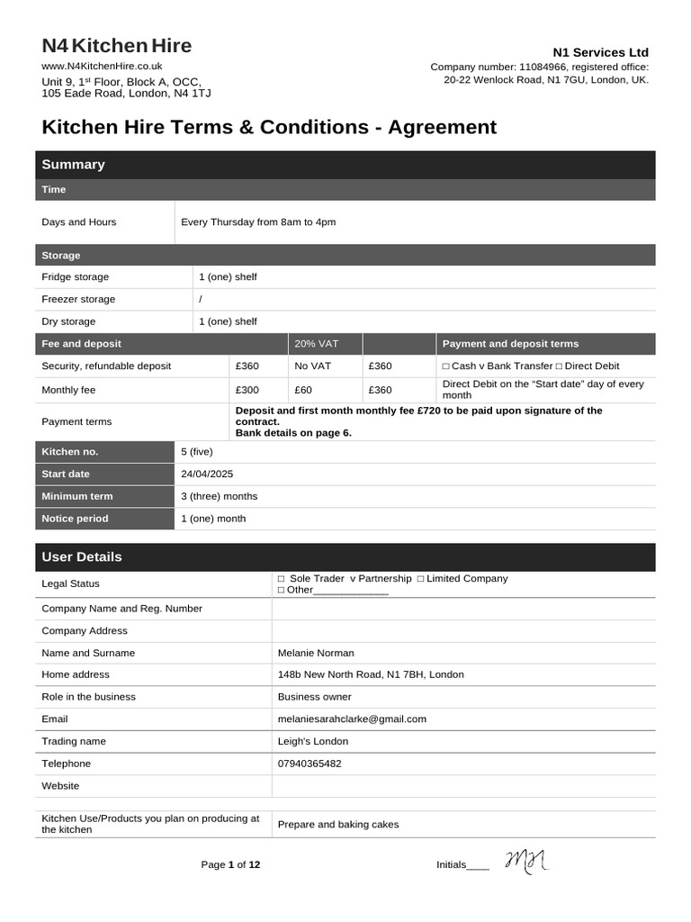 Kitchen Hire Terms & Conditions Agreement | PDF | Confidentiality | Fee