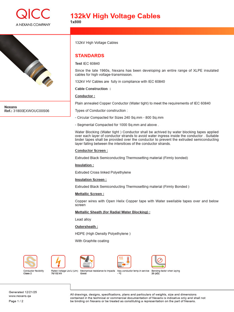 132kV High Voltage Cable Specifications | PDF | Electrical Conductor ...