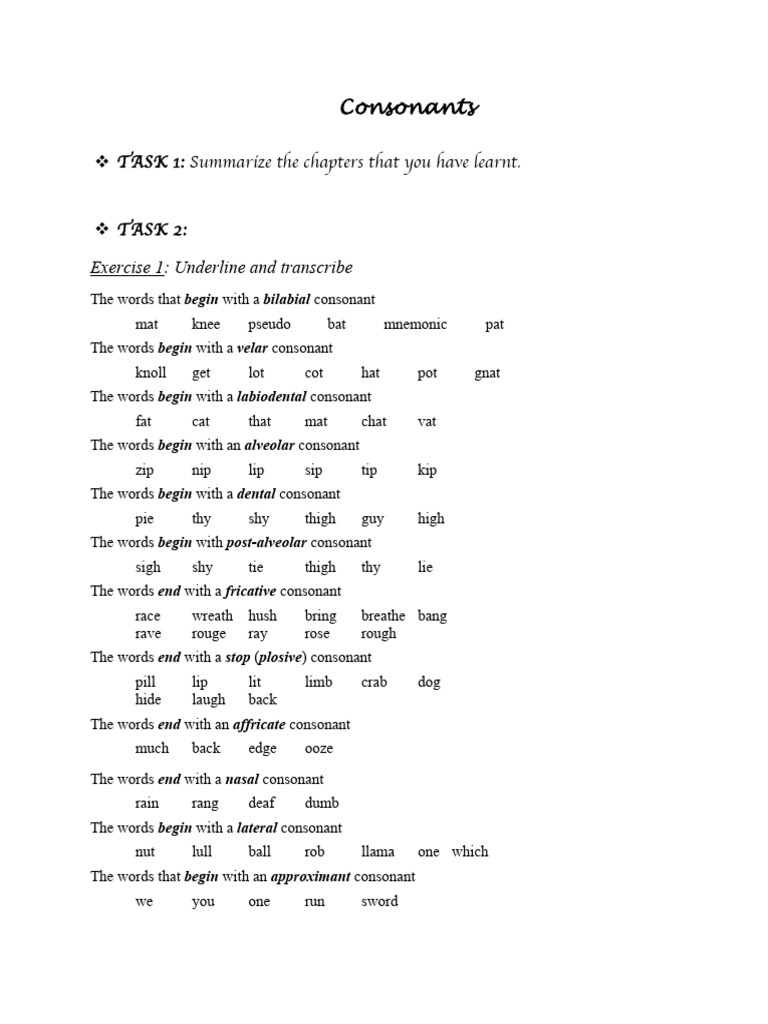 Consonant Phoneme Exercises and Analysis | PDF