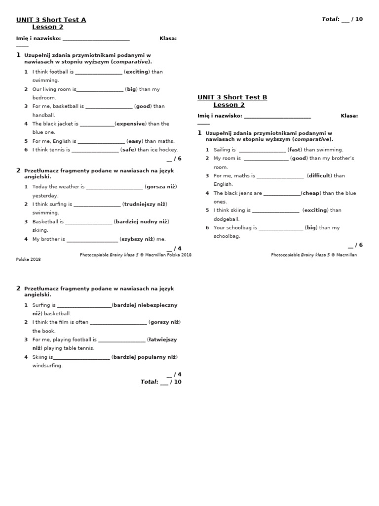 Brainy Kl5 Short Tests Unit 3 Lesson 2 | PDF