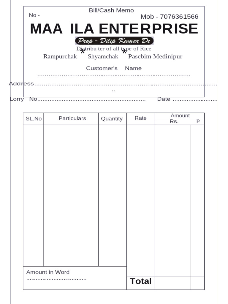 Rice Bill/Cash Memo Template | PDF