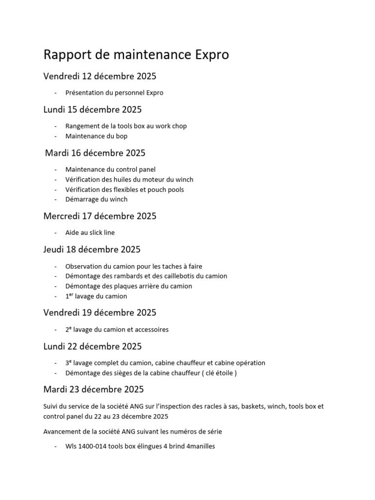 Rapport de maintenance Expro décembre 2025 | PDF