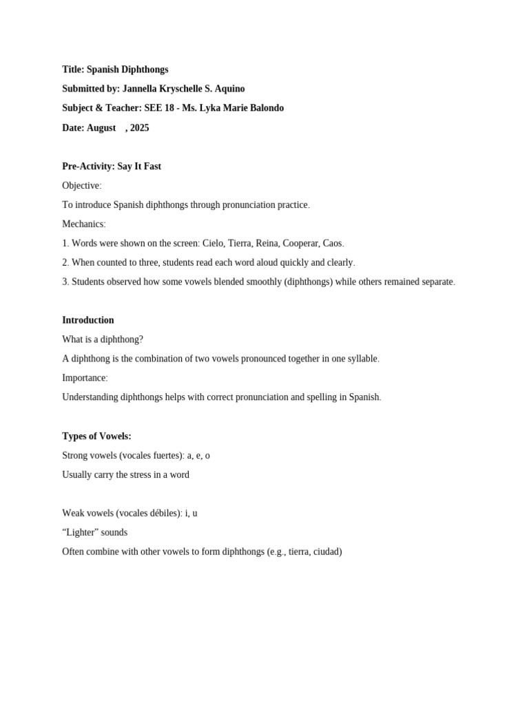 Understanding Spanish Diphthongs | PDF | Vowel | Stress (Linguistics)