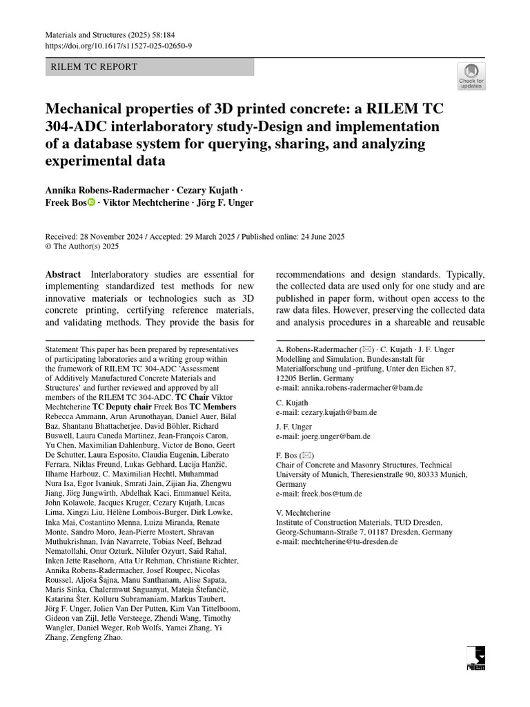 Mechanical Properties of 3D Printed Concrete a RILEM TC 304-ADC ...
