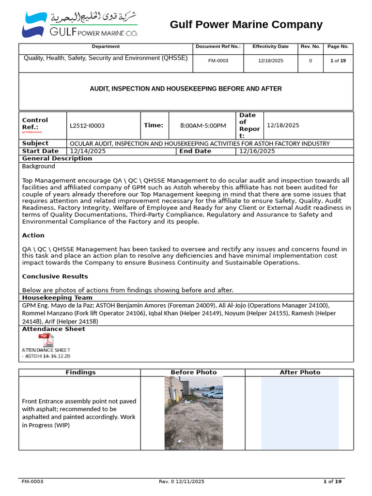 QHSSE Audit and Housekeeping Report | PDF | Housekeeping | Audit
